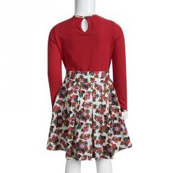 Pre Owned CH Carolina Herrera Red Cotton Floral Printed Contrast Bodice Long Sleeve Dress 6 Yrs