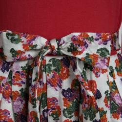 Pre Owned CH Carolina Herrera Red Cotton Floral Printed Contrast Bodice Long Sleeve Dress 6 Yrs