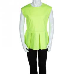 Pre Owned Dior Neon Yellow Cotton Box Pleat Detail Sleeveless Peplum Top 10 Yrs
