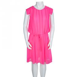 Pre Owned Dior Neon Pink Chiffon Pleated Belted Dress 10 Yrs