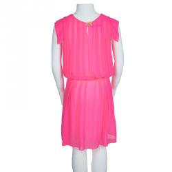 Pre Owned Dior Neon Pink Chiffon Pleated Belted Dress 10 Yrs