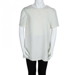 Pre Owned Dolce and Gabbana Cream Lace Detail Short Sleeve Silk Blouse 11/12 Yrs