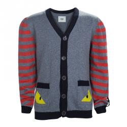 Pre Owned Fendi Grey Knit Striped Sleeve Detail Button Down Cardigan 6 Yrs