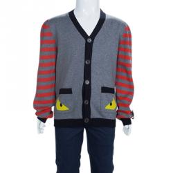 Pre Owned Fendi Grey Knit Striped Sleeve Detail Button Down Cardigan 6 Yrs