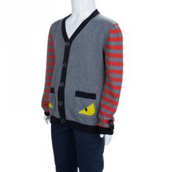 Pre Owned Fendi Grey Knit Striped Sleeve Detail Button Down Cardigan 6 Yrs