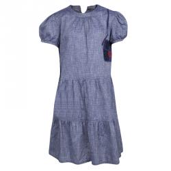 Pre Owned Fendi Blue Cotton Chambray Logo Patch Detail Dress 10 Yrs