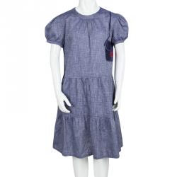 Pre Owned Fendi Blue Cotton Chambray Logo Patch Detail Dress 10 Yrs