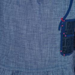 Pre Owned Fendi Blue Monogram Patch Detail Short Sleeve Cotton Chambray Dress 6 Yrs