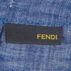 Pre Owned Fendi Blue Monogram Patch Detail Short Sleeve Cotton Chambray Dress 6 Yrs
