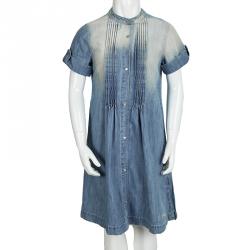 Pre Owned Junior Gaultier Indigo Light Wash Faded Effect Denim Pintuck Detail Dress 10 Yrs