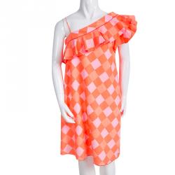 Little Marc Jacobs Neon Orange Checkered One Shoulder Dress 10 Yrs