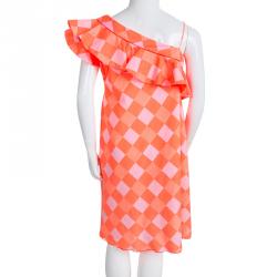 Little Marc Jacobs Neon Orange Checkered One Shoulder Dress 10 Yrs