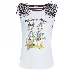 Pre Owned Monnalisa White Striped Donald and Daisy Duck Print Embellished Sleeveless T-Shirt 10 Yrs
