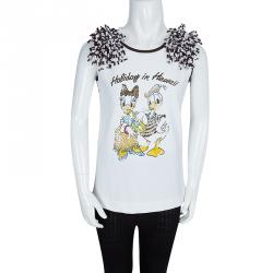 Pre Owned Monnalisa White Striped Donald and Daisy Duck Print Embellished Sleeveless T-Shirt 10 Yrs