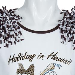 Pre Owned Monnalisa White Striped Donald and Daisy Duck Print Embellished Sleeveless T-Shirt 10 Yrs