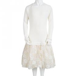 Pre Owned Monnalisa Cream Knit Floral Tulle Bottom Long Sleeve Dress 12 Yrs