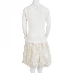 Pre Owned Monnalisa Cream Knit Floral Tulle Bottom Long Sleeve Dress 12 Yrs