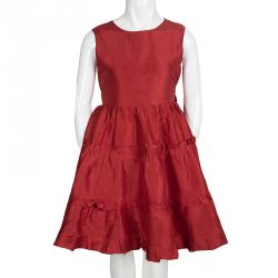Pre Owned Oscar de la Renta Red Tafetta Tiered Ruffle Detail Dress 8 Yrs