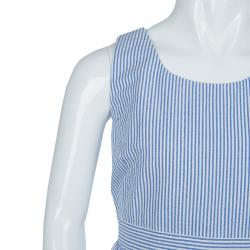 Pre Owned Ralph Lauren Blue and White Striped Seersucker Sleeveless Tiered Dress 16 Yrs
