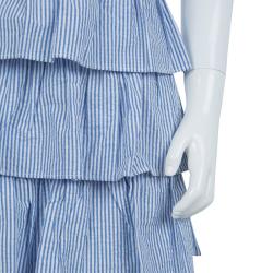 Pre Owned Ralph Lauren Blue and White Striped Seersucker Sleeveless Tiered Dress 16 Yrs