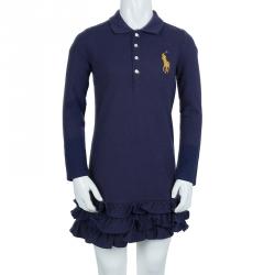 Pre Owned فستان بولو رالف لورين أزرق كحلي بأكمام طويلة وكشكشة بالأسفل 6 سنوات