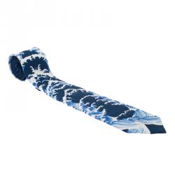 Alexander McQueen Blue & White Waves Print Silk Tie