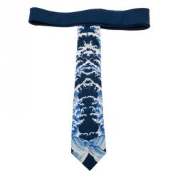 Alexander McQueen Blue & White Waves Print Silk Tie