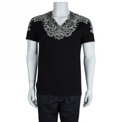 Pre Owned Alexander McQueen Black Floral Print V-Neck T-Shirt L