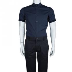 Pre Owned Alexander Mcqueen Navy Blue Rib Trim Short Sleeve Buttondown Cotton Shirt XL