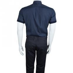 Pre Owned Alexander Mcqueen Navy Blue Rib Trim Short Sleeve Buttondown Cotton Shirt XL