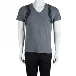 Pre Owned Alexander McQueen Grey Feather Print V-Neck T-Shirt M