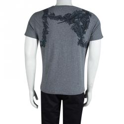 Pre Owned Alexander McQueen Grey Feather Print V-Neck T-Shirt M