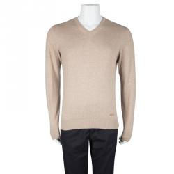 Pre Owned Armani Collezioni Beige Knit V Neck Long Sleeve Sweater L