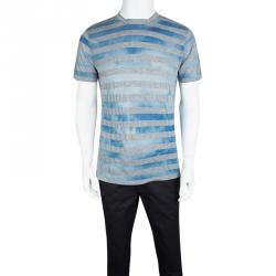 Pre Owned Armani Collezioni Blue and Grey Striped Blotch Dyed Crew Neck T-Shirt XL