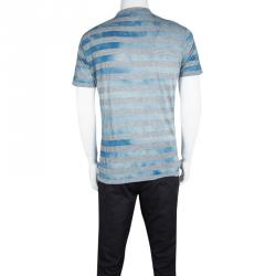 Pre Owned Armani Collezioni Blue and Grey Striped Blotch Dyed Crew Neck T-Shirt XL