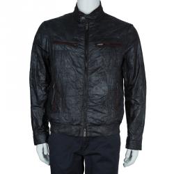 Pre Owned Armani Collezioni Grey Contrast Faux Suede Trim Bomber Jacket L