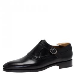 Berluti Black Leather Brogue Monk Shoes Size 44.5