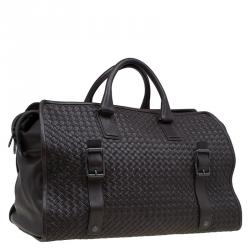 Pre Owned Bottega Veneta Brown Intrecciato Woven Leather Duffel Bag
