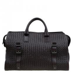 Pre Owned Bottega Veneta Brown Intrecciato Woven Leather Duffel Bag