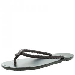 Pre Owned Bottega Veneta Brown Intrecciato Leather Thong Sandals Size 41.5