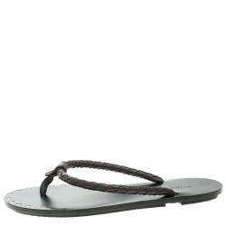 Pre Owned Bottega Veneta Brown Intrecciato Leather Thong Sandals Size 41.5