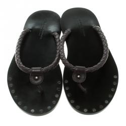 Pre Owned Bottega Veneta Brown Intrecciato Leather Thong Sandals Size 41.5