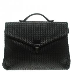 Bottega Veneta Black Intrecciato Leather Briefcase  