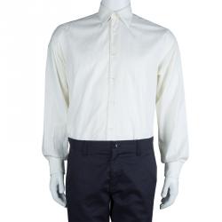 Brioni Off-White Herringbone Striped Long Sleeve Buttondown Cotton Shirt M