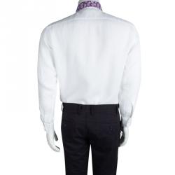 Pre Owned Brioni White Linen Paisley Detailed Collar Shirt L