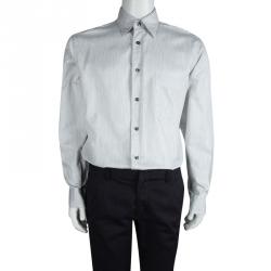 Pre Owned Brioni Whte and Grey Striped Cotton Long Sleeve Button Front Shirt XL