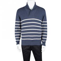 Pre Owned Brunello Cucinelli Blue and White Nautical Striped Cotton Sweater XL