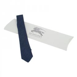Pre Owned Burberry Navy Blue Woven Silk and Linen Blend Tie