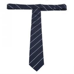 Pre Owned ربطة عنق بربري حرير أزرق داكن وأبيض مخطط