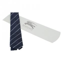 Pre Owned ربطة عنق بربري حرير أزرق داكن وأبيض مخطط